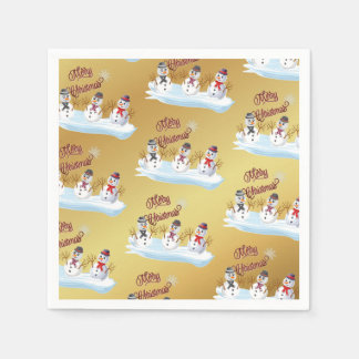 Guardanapo De Papel Merry Christmas and snowmen on faux gold