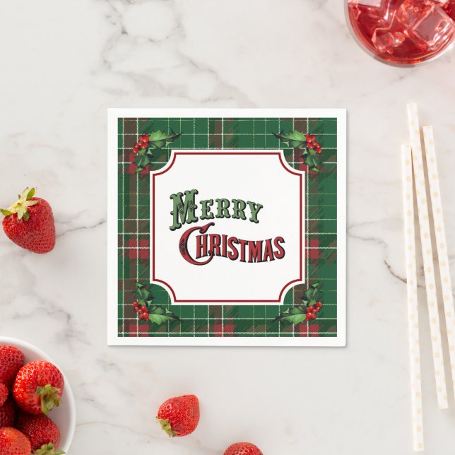 Guardanapo De Papel Merry Christmas Green Plaid with Holly (Insitu)