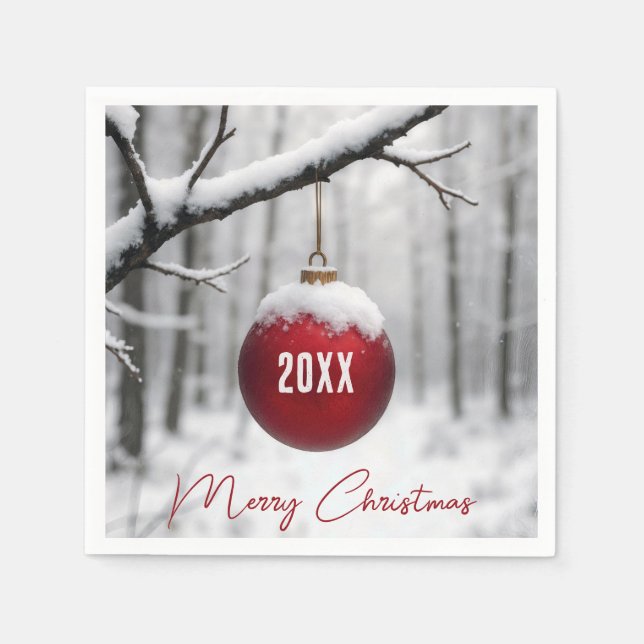 Guardanapo De Papel Merry Christmas Ornament On Snowy Branch (Frente)