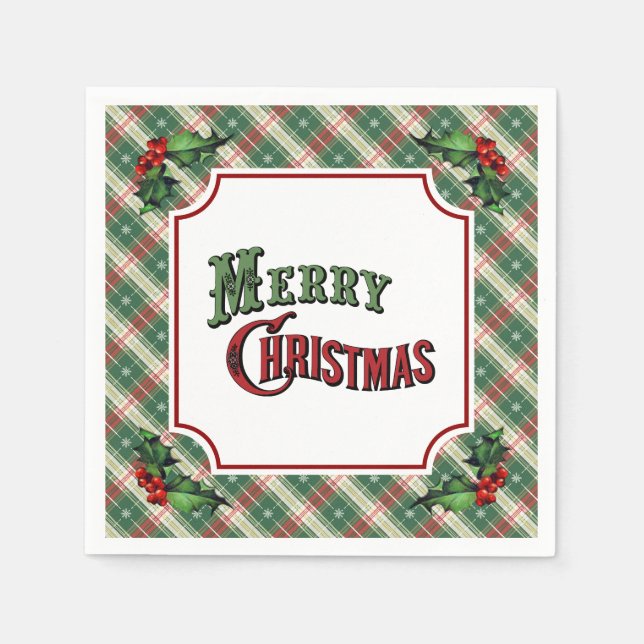 Guardanapo De Papel Merry Christmas Plaid with Holly (Frente)
