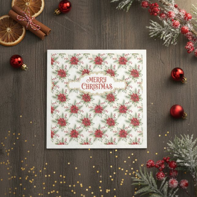 Guardanapo De Papel Merry Christmas Poinsettia Floral Holiday Pattern (Merry Christmas Poinsettia Paper Napkin)