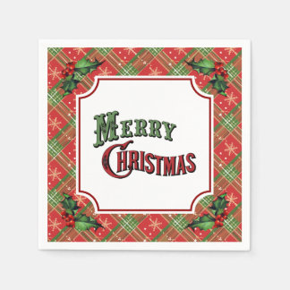 Guardanapo De Papel Merry Christmas Red Plaid with Holly