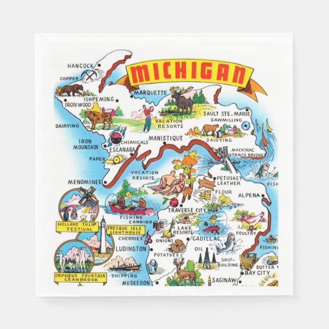 Guardanapo De Papel Michigan Postcard Map  (Frente)