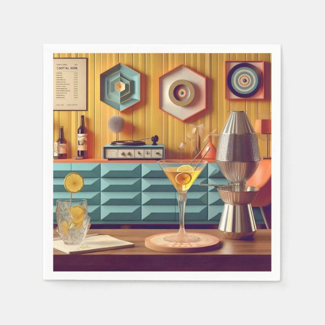 Guardanapo De Papel Mid Century Atomic Retro Futuristic Party Room (Frente)