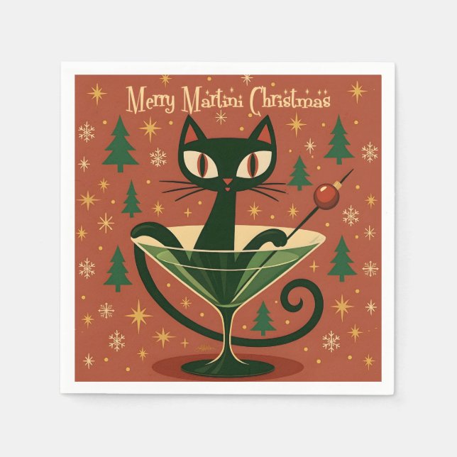 Guardanapo De Papel Mid Century Black Cat Merry Martini Christmas (Frente)