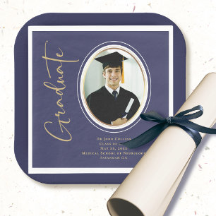 Guardanapo De Papel Mínimo de Script de Graduação Dourada de Foto Azul