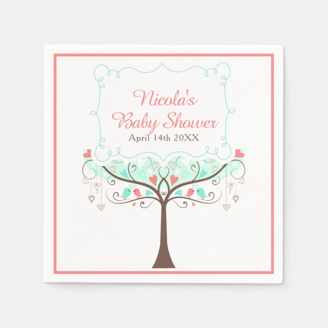 Guardanapo De Papel Mint and Coral Floral Bird Baby Shower  (Frente)