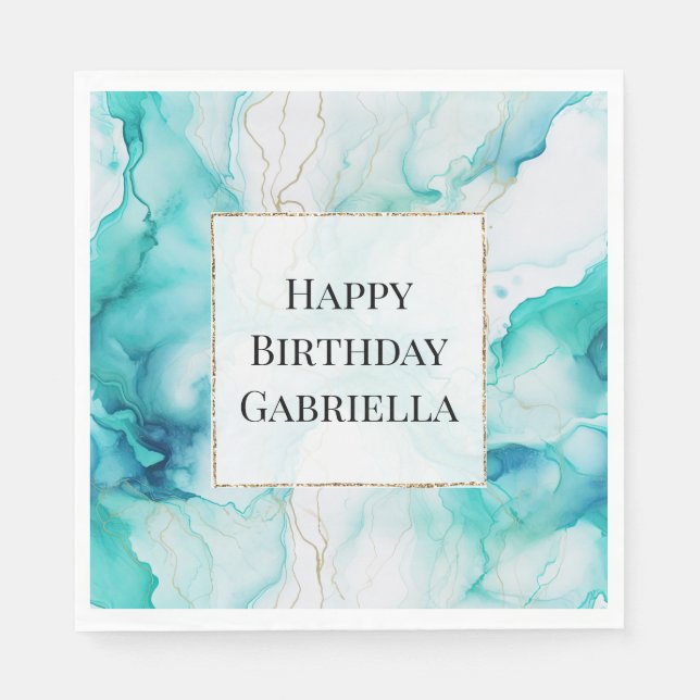 Guardanapo De Papel Mint Aqua Dourada Ink Marble (Frente)