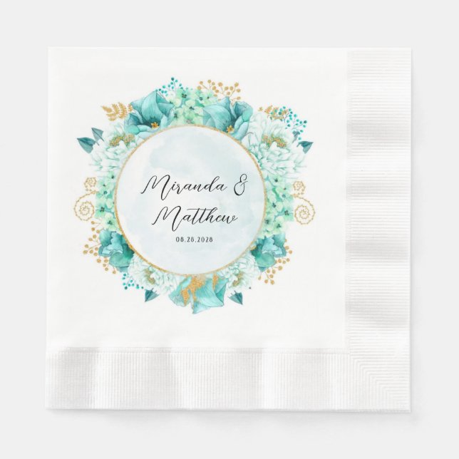Guardanapo De Papel Mint Green Florals e Dourado Casamento Foliar (Frente)