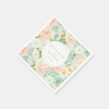 Mint Pink Floral Wedch Monograma Papel Napkins