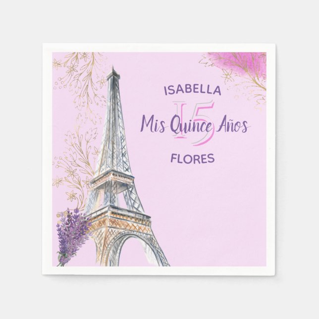 Guardanapo De Papel Mis Quince Anos Tema Paris Rosa Dourada Torre Eiff (Frente)