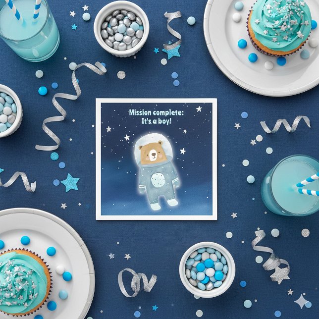 Guardanapo De Papel Missão do Urso Espacial Azul Concluída Céu Estrela (Blue it's a boy space teddy bear astronaut baby shower gender reveal party napkin.)
