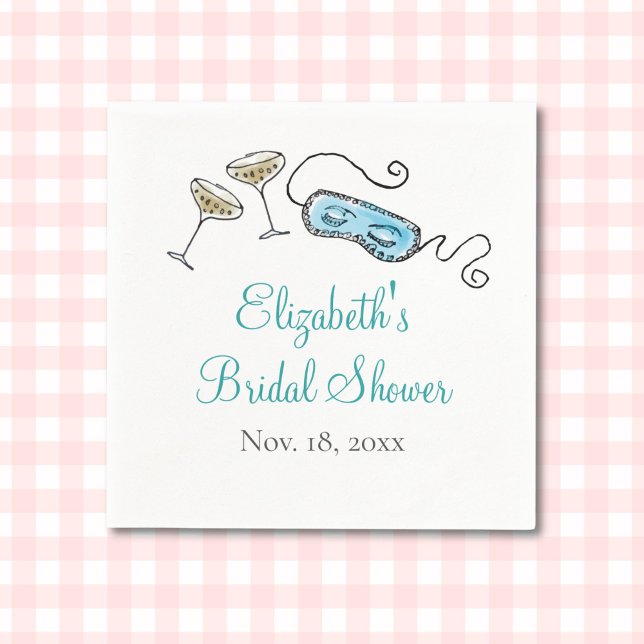 Guardanapo De Papel Moça Ilustrada à Mão do Partido Cocktail Glam 1960 (This hand-illustrated bridal shower napkin features champagne glasses and a sleep mask.)