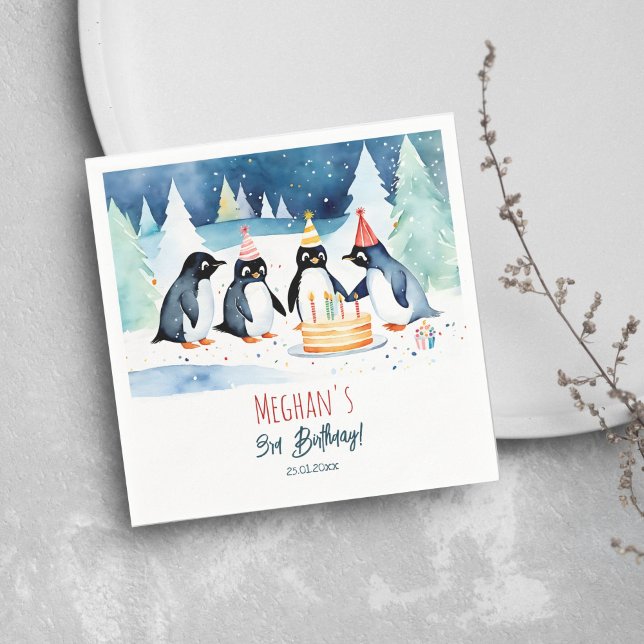 Guardanapo De Papel Modelo de aniversário do Penguin ártico (Penguin arctic winter birthday party personalized tableware template napkins cute penguins and cake)