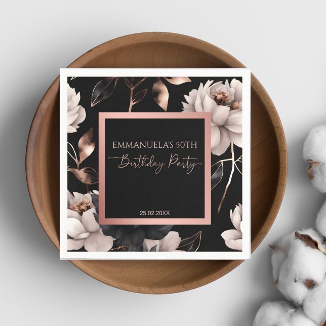 Guardanapo De Papel Modelo de aniversário floral de rosa preto elegant (Elegant black rose gold floral birthday party personalized tableware template napkins 50 th party)