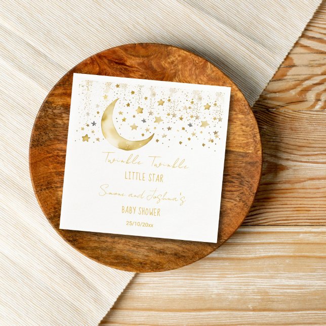Guardanapo De Papel Modelo de chá de fraldas de pequena estrela cintil (Twinkle twinkle little star baby shower template napkins personalized tableware white and gold moon)