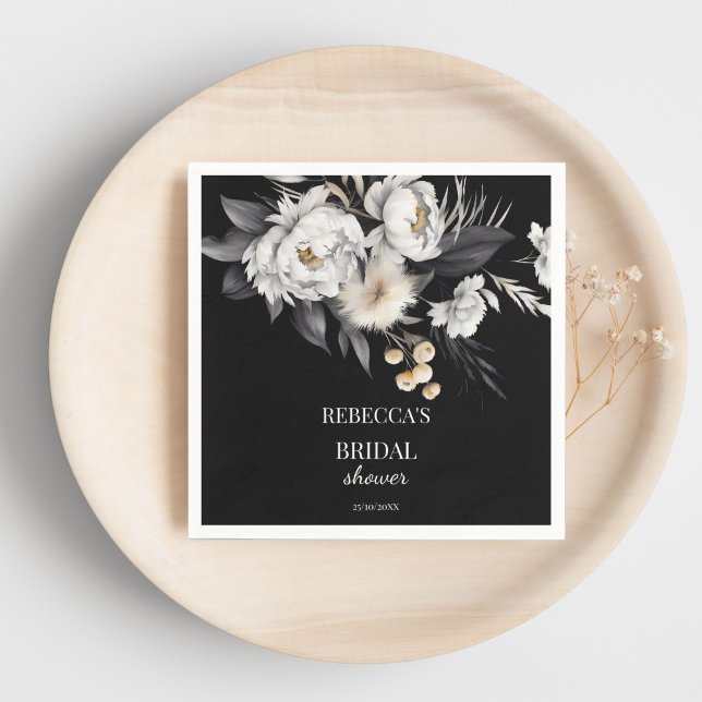 Guardanapo De Papel Modelo de chá de panela boho preto e branco temper (Black and white moody boho bridal shower template napkins personalized bridal shower tableware)