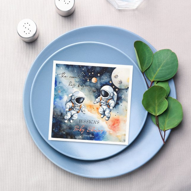Guardanapo De Papel Modelo do astronauta externo (Outer space astronaut twins baby shower napkins template monogrammed customized napkins table decor)