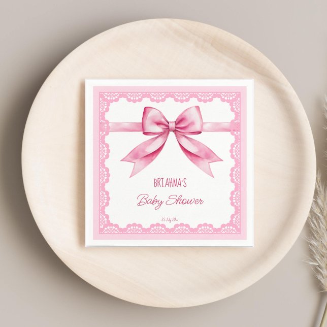 Guardanapo De Papel Modelo impresso do chá de fraldas retrorreflector  (Pink bow retro lace baby shower printed template napkins personalized tableware coquette ribbon )