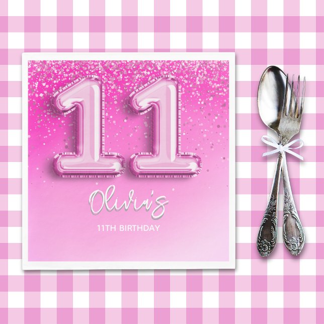 Guardanapo De Papel Modern 11th Birthday Girl Pink Number Balloon (Criador carregado)