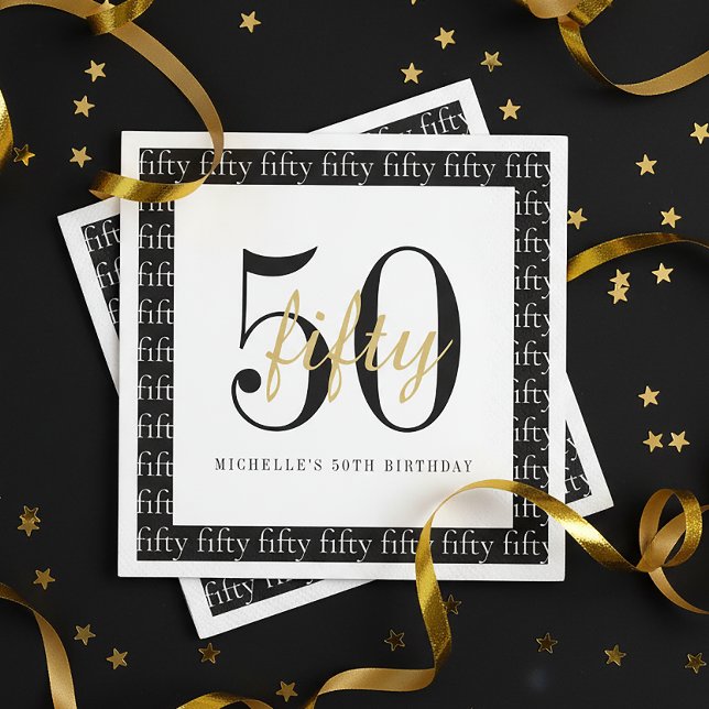 Guardanapo De Papel Modern 50th Birthday Party Black And White  (Criador carregado)