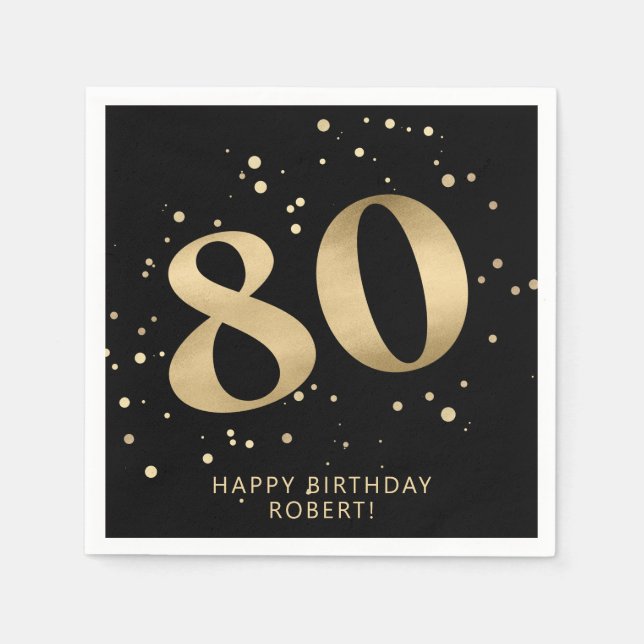 Guardanapo De Papel Modern 80th Eighty Birthday | Black Gold Glitter  (Frente)