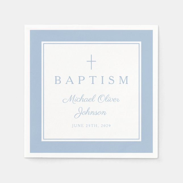 Guardanapo De Papel Modern Baby Blue Religius Cross Boy Baptism (Frente)