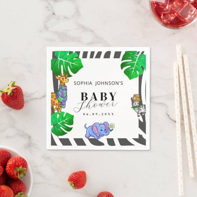 Guardanapo De Papel Modern Black and White Stripe Safari  Baby Shower  (Insitu)