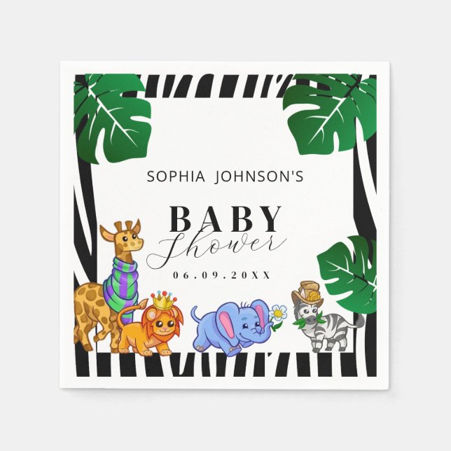 Guardanapo De Papel Modern Black and White Stripe Safari  Baby Shower  (Frente)