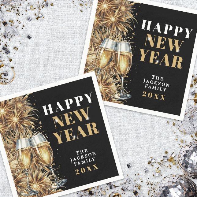 Guardanapo De Papel Modern Black Gold Champagne New Year's Eve Party (Modern Black Gold Champagne New Year's Eve Party Napkins)