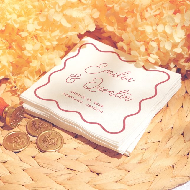 Guardanapo De Papel Modern Bold Red Wavy Frame Retro Wedding (Criador carregado)