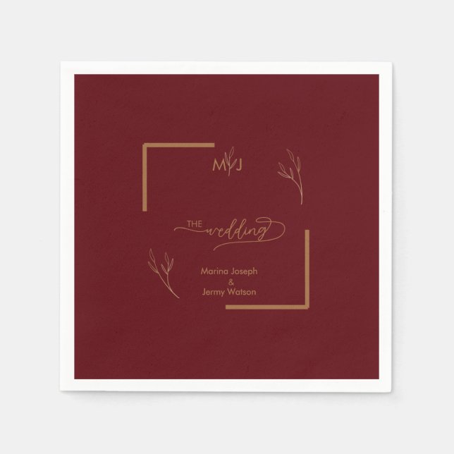 Guardanapo De Papel Modern Burgundy Golden Leaflet Border Monogram (Frente)
