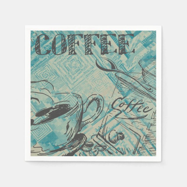 Guardanapo De Papel Modern Coffee Art Sketch Blue (Frente)