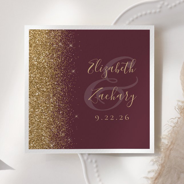 Guardanapo De Papel Modern Dark Burgundy Gold Glitter Wedding (Criador carregado)
