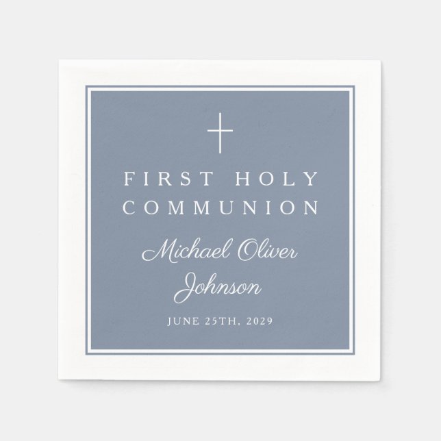 Guardanapo De Papel Modern Dusty Blue Religious Boy First Communion (Frente)