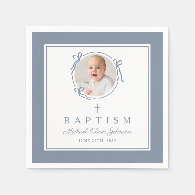 Guardanapo De Papel Modern Dusty Blue Religius Cross Boy Baptism (Frente)