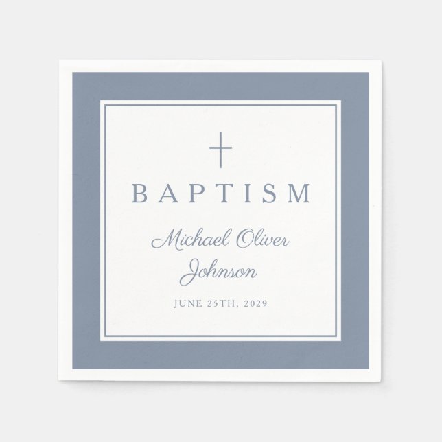 Guardanapo De Papel Modern Dusty Blue Religius Cross Boy Baptism (Frente)