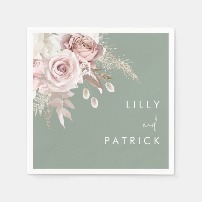 Guardanapo De Papel Modern Dusty Rose Blush & Sage Wedding (Frente)