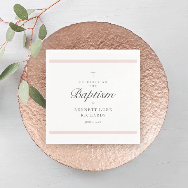 Guardanapo De Papel Modern Elegance Girls Baptism (Modern girls baptism napkin with simple pink bars, script typography and simple cross. )