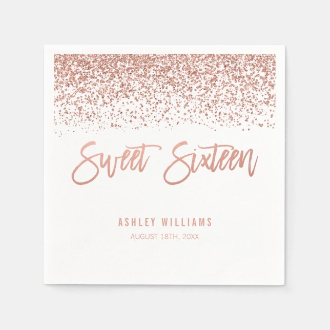Guardanapo De Papel Modern Faux Rosa Dourado Glitter Sweet 16 Aniversá (Frente)