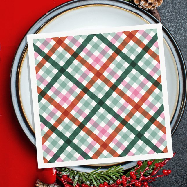 Guardanapo De Papel Modern Gingham Holiday Janta Napkins Papel Napkin (Holiday Gingham dinner napkins in green, red and pink colors for Christmas Party. Modern plaid.)