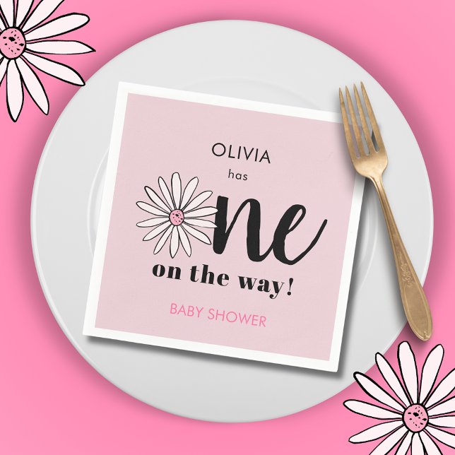 Guardanapo De Papel Modern Girls Chá de fraldas Daisy Floral (Modern pink baby shower 'One On the Way' floral daisy paper napkins. Matching items available.)