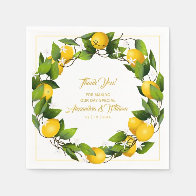 Guardanapo De Papel Modern Lemon Wreath Obrigado | Casamento (Frente)