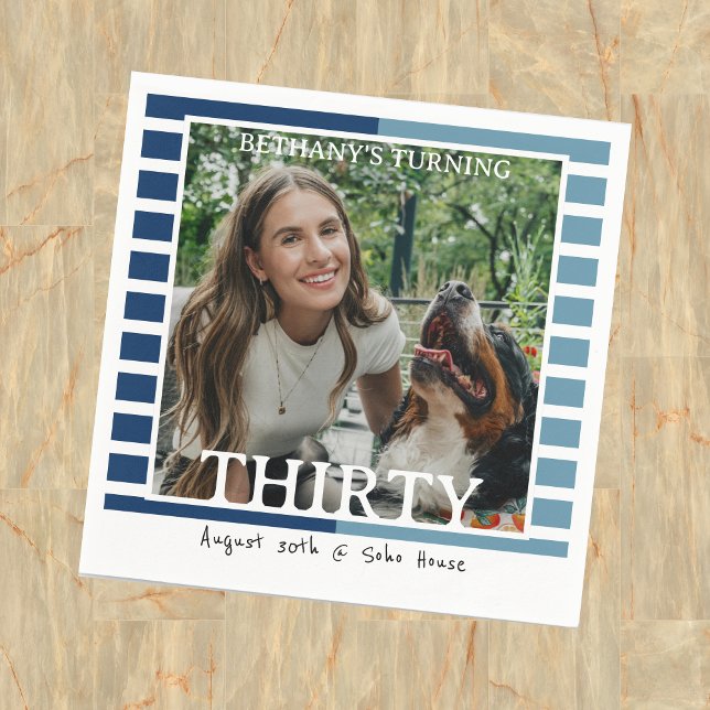 Guardanapo De Papel Modern Minimalist Striped 30th Birthday Photo (Celebrate the beginning of a new decade with this Modern Minimalist Striped 30th Birthday Napkin!)