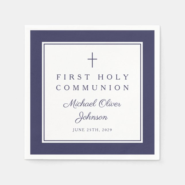 Guardanapo De Papel Modern Navy Blue Religious Boy First Communion (Frente)