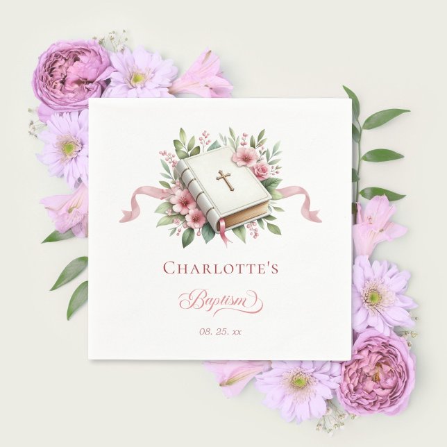 Guardanapo De Papel Modern Pink Flower Baptism Paper Napkin (Criador carregado)