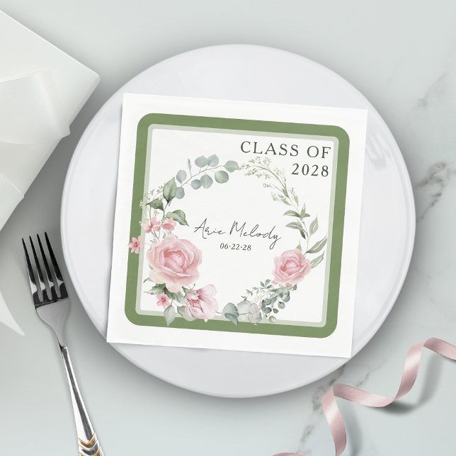 Guardanapo De Papel Modern Pink Roses Script Class of Graduation (Criador carregado)