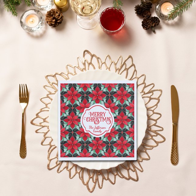Guardanapo De Papel Modern Poinsettia pattern christmas black bg (Criador carregado)