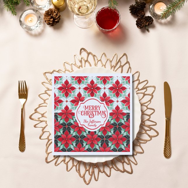 Guardanapo De Papel Modern Poinsettia pattern christmas white black bg (Criador carregado)