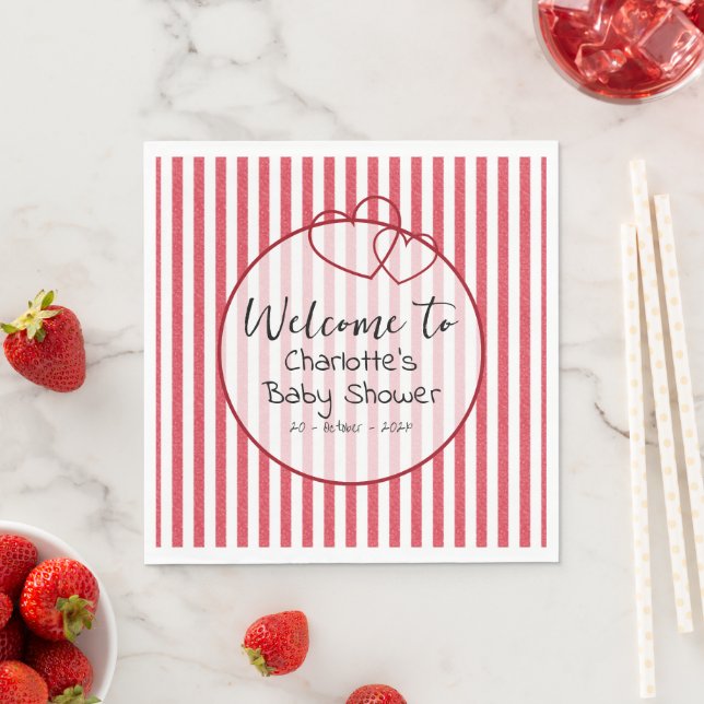 Guardanapo De Papel Modern Red Chalk Stripes Double Hearts Baby Shower (Insitu)